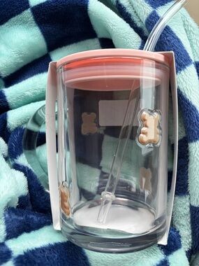 Clear Glass Tumbler with Pink Lid and straw and Bear Decals